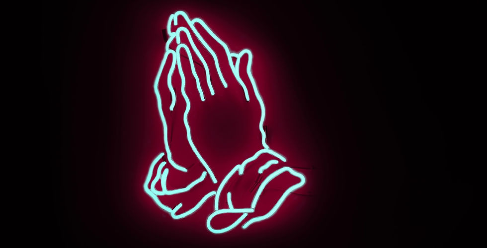 Neon Praying Hands against a black background