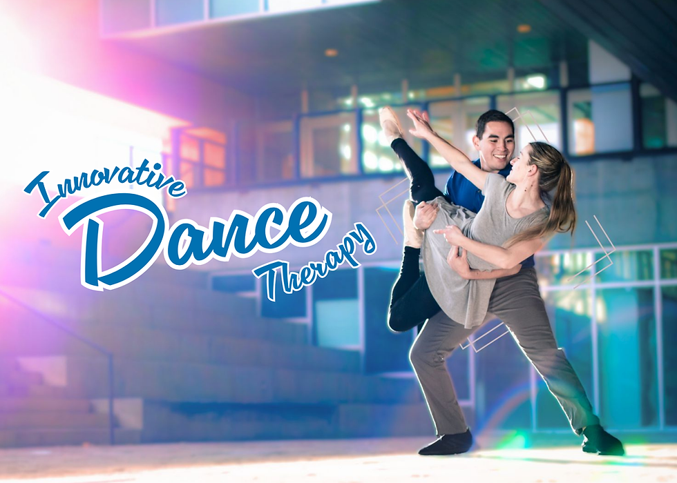 A man lifts a women in a dance pose. They are in front of a building with colorful lighting. The words "Innovative Dance Therapy" appear over the image in blue and white text.
