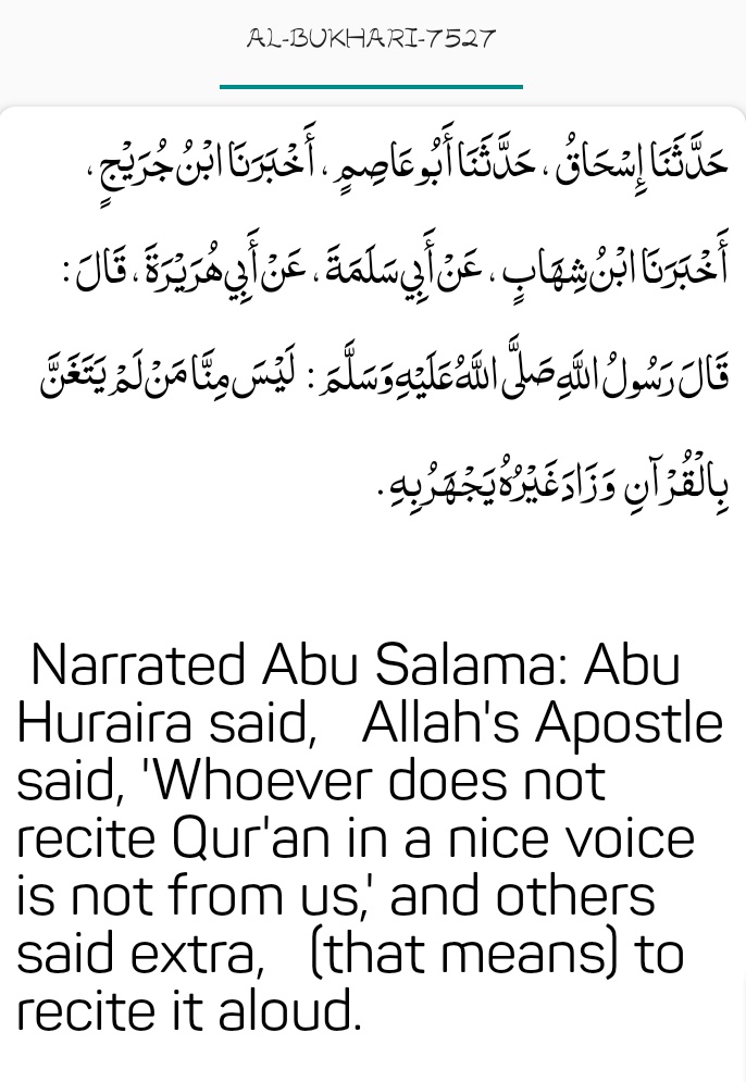 Bukhari #7527 recite Quran in a nice and