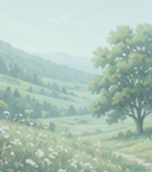 Lush green hills with a large oak tree and wildflowers