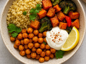 Wholesome Turkish-inspired grain bowl with bulgur, roasted veggies, spiced chickpeas, and creamy yogurt. A healthy, colorful, and flavor-packed meal perfect for lunch or dinner.