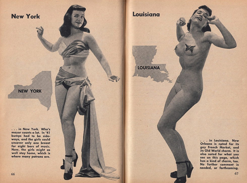 Bettie Page para Carnival Magazine, 1953. A publicação falava de leis sobre o striptease em cada estado americano