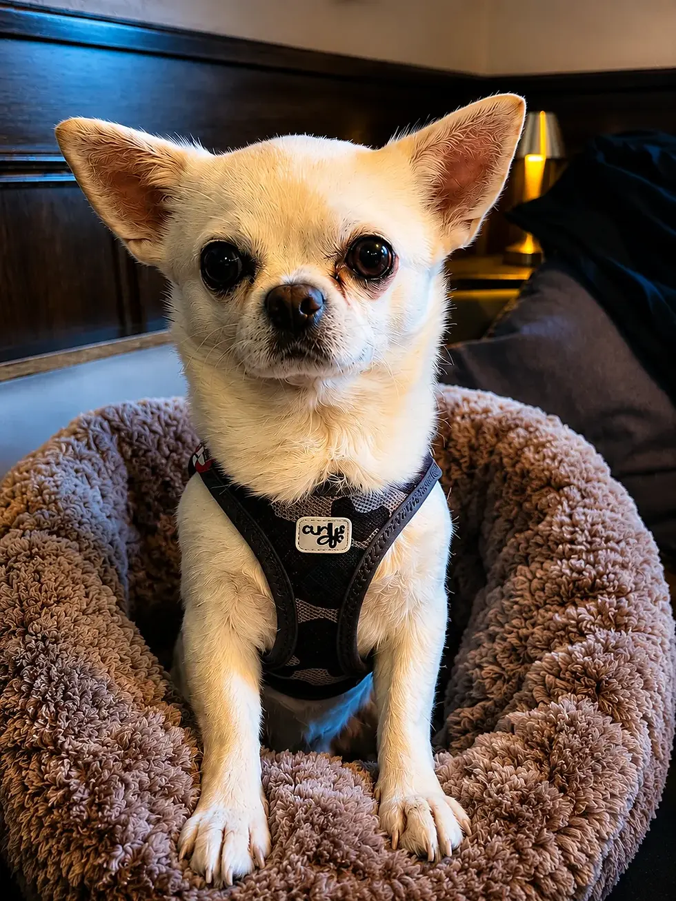 Chihuahua Orlando sitzt aufmerksam in seiner weichen Hundetasche und schaut direkt in die Kamera.