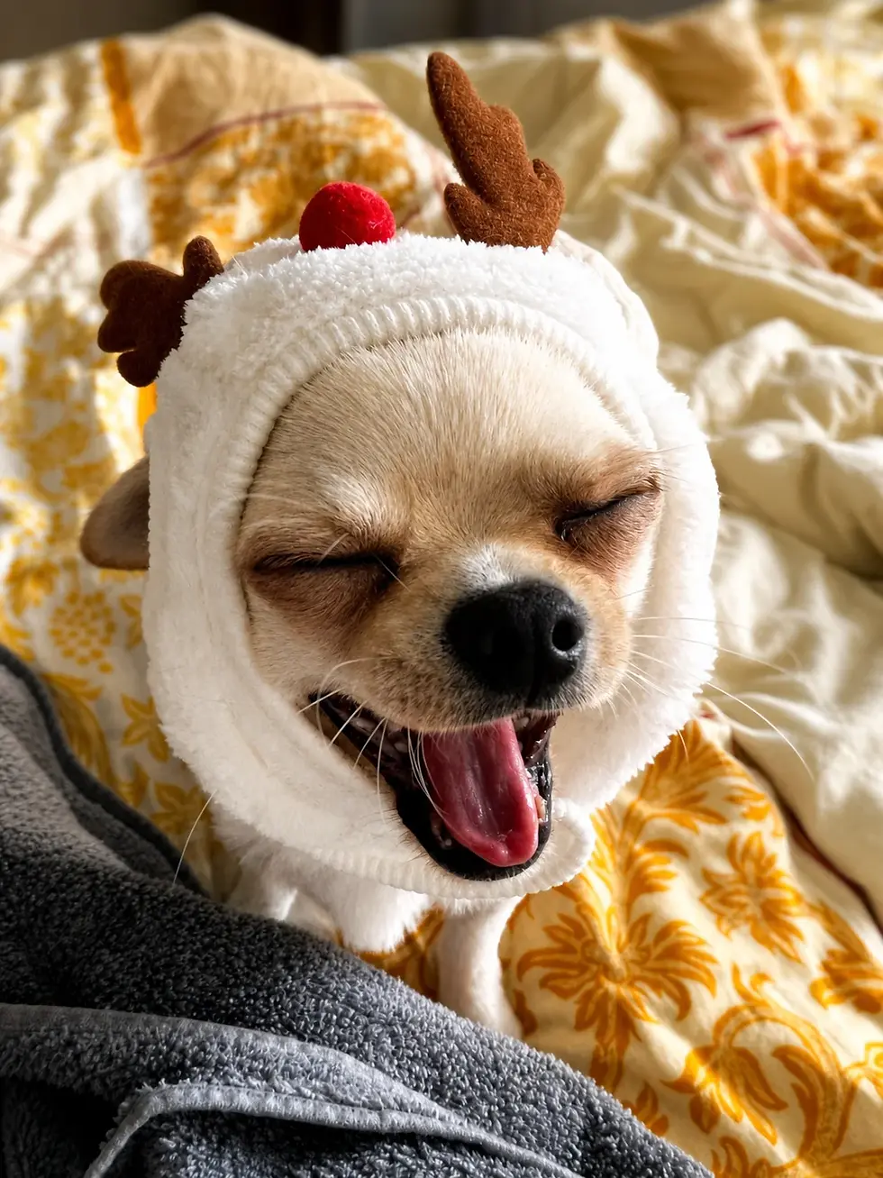Chihuahua Orlando mit offenem Maul auf dem Bett, passend zum Thema Rückwärtsniesen beim Hund