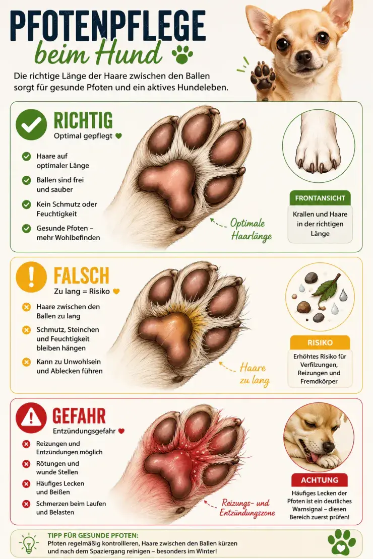 Infografik zur Pfotenpflege beim Hund: Haare zwischen den Pfotenballen richtig kürzen und gesunde Chihuahua-Pfoten schützen.