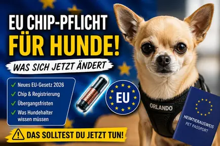 Chihuahua Orlando vor EU-Flagge mit Infos zur geplanten EU Chip-Pflicht für Hunde.