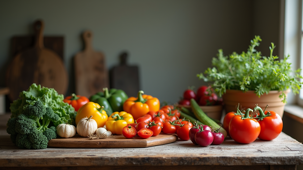 Close-up view of a rustic kitchen table filled with seasonal vegetables