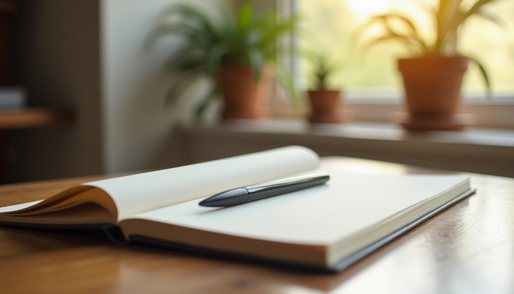 Close-up view of a journal and pen on a wooden table with soft natural light