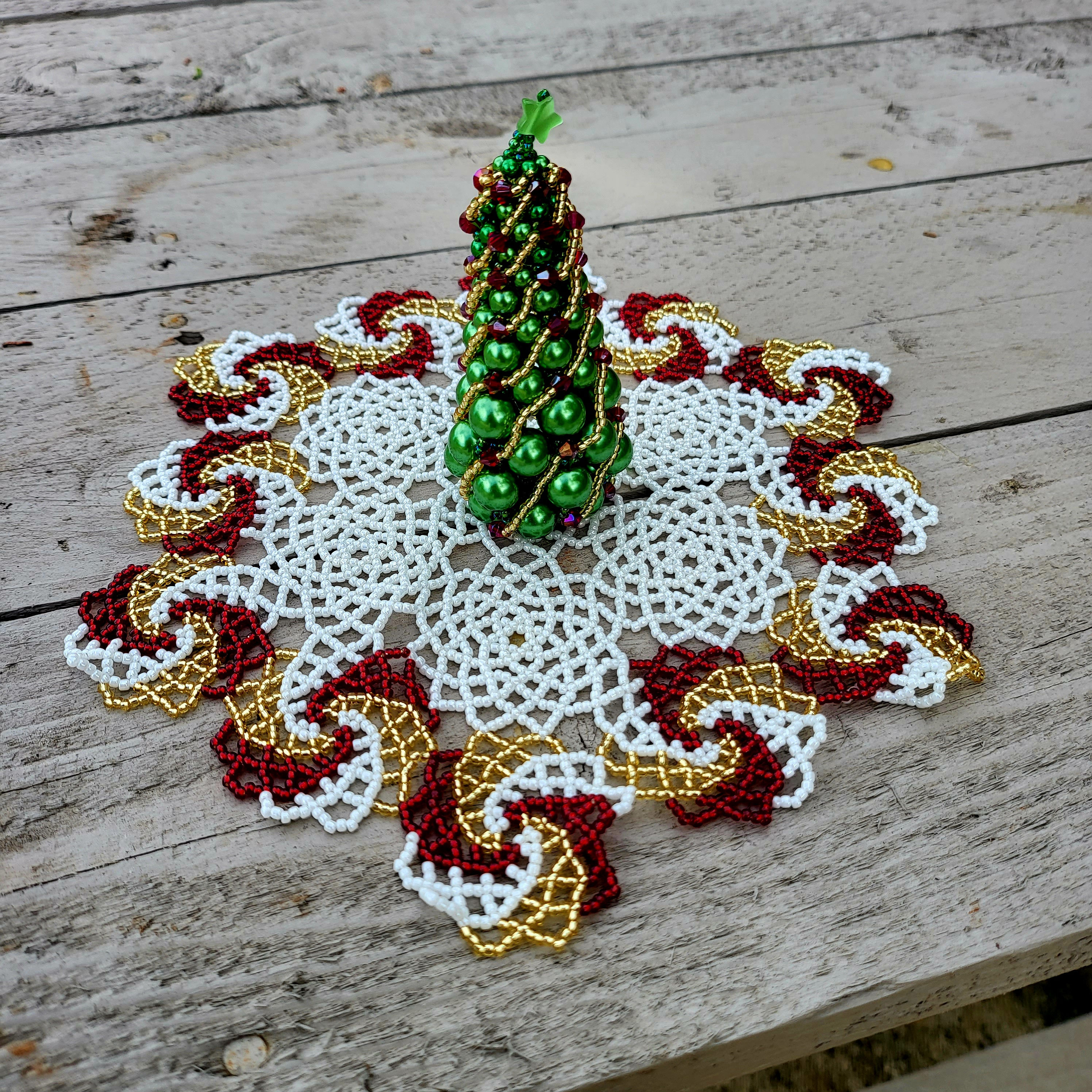 Beaded Doilies in White, Gold and Red. 2 sizes available
