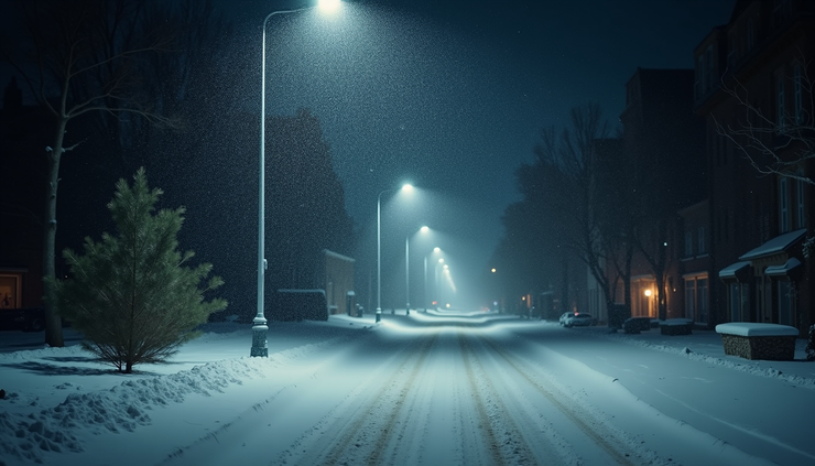 冬夜街道上孤獨的腳步聲,街燈映照著雪地