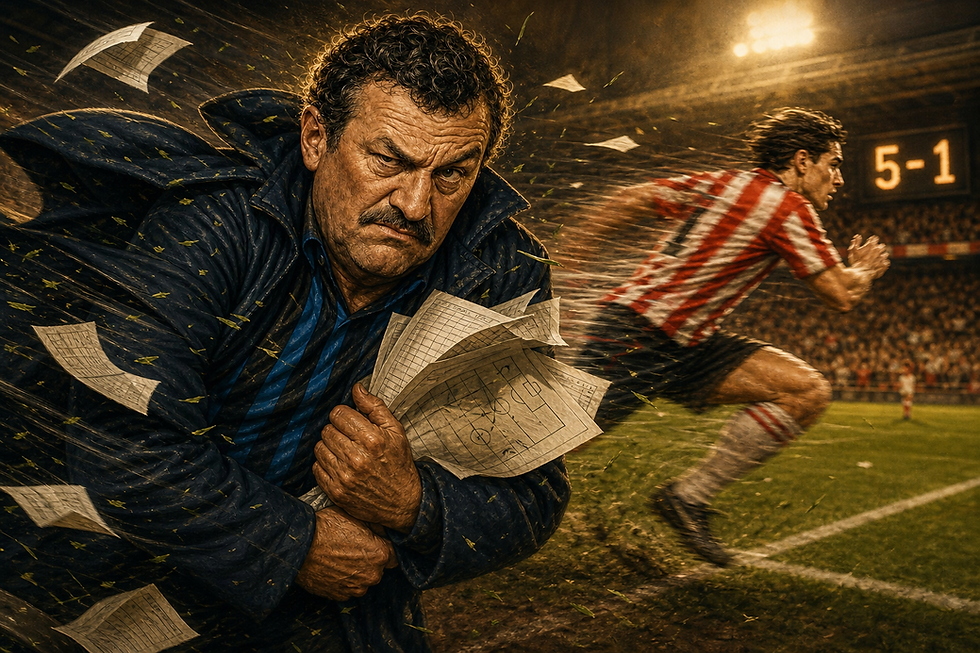 Harrie houdt zijn papieren vast terwijl Van Bommel als een windvlaag langs de lijn sprint bij PSV – FC Groningen.