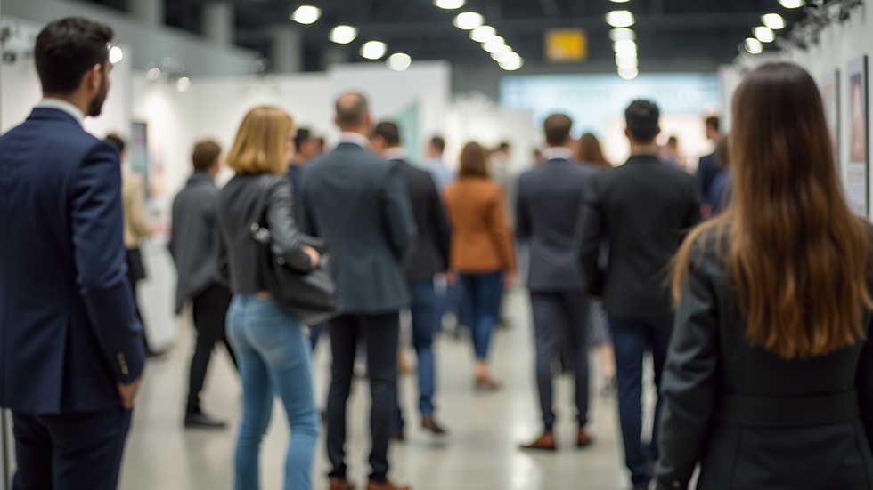 Eye-level view of a recruitment fair with diverse candidates engaging with employers