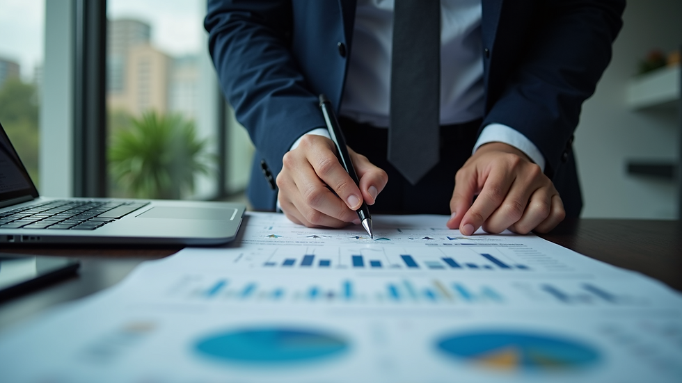 Eye-level view of a business executive reviewing global market reports