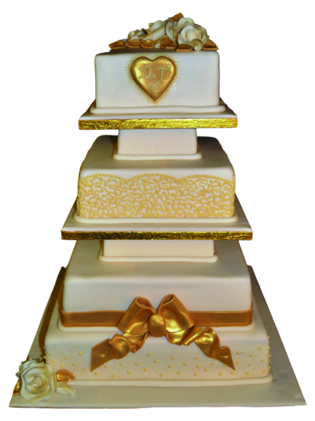 Four-tier wedding cake with gold accents, sugar roses, and intricate lace patterns.
