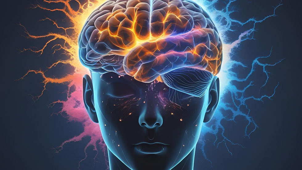 Grafika przedstawia symboliczną wizualizację mózgu z intensywną aktywnością neuronalną – jaskrawe impulsy w odcieniach pomarańczu, fioletu i błękitu rozchodzą się promieniście na zewnątrz. Twarz pod mózgiem jest spokojna, oczy zamknięte, jakby pogrążona w głębokiej introspekcji. Obraz oddaje intensywność przetwarzania bodźców i emocji, z jaką mierzą się osoby wysokowrażliwe – ich mózg działa jak silnie nastrojony radar, odbierający subtelne sygnały z otoczenia i wnętrza.