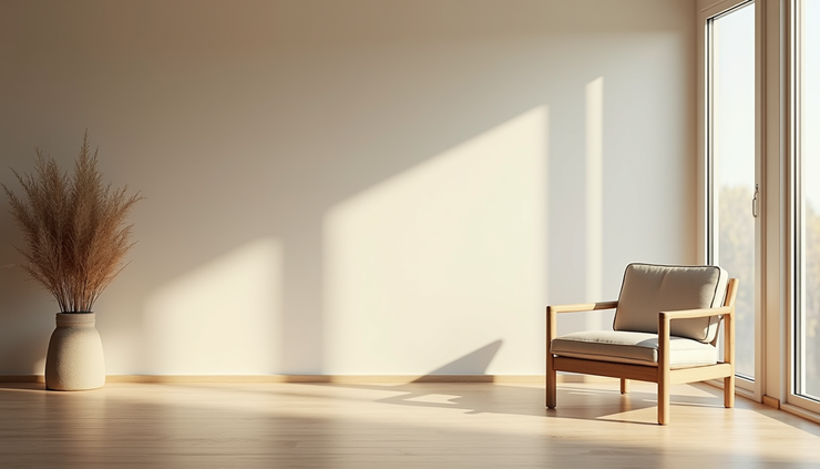 Eye-level view of a serene meditation room with a single chair and soft natural light