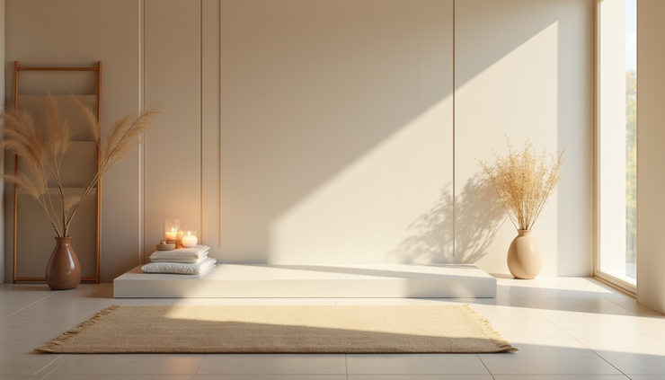 Eye-level view of a serene meditation space with a single candle and soft cushions