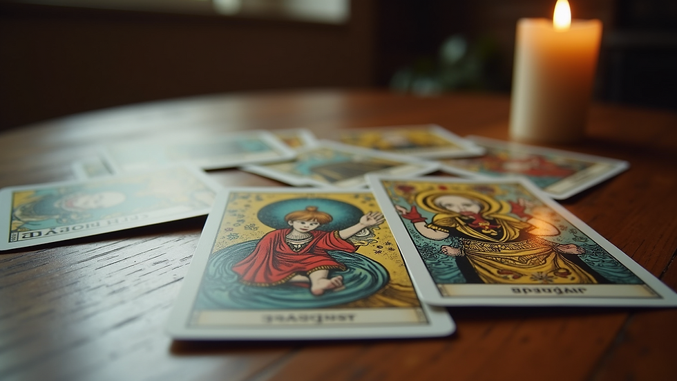 Close-up view of tarot cards spread on a wooden table