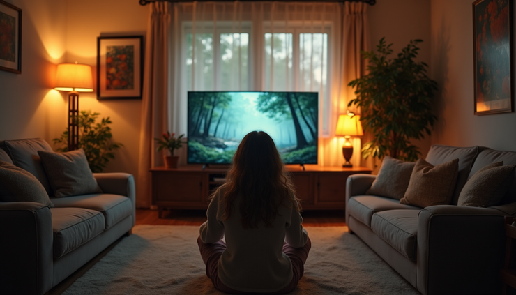 Eye-level view of a cozy living room with a person watching a calming nature documentary on TV