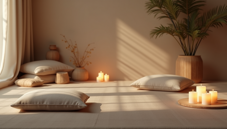 Eye-level view of a serene meditation space with candles and soft cushions