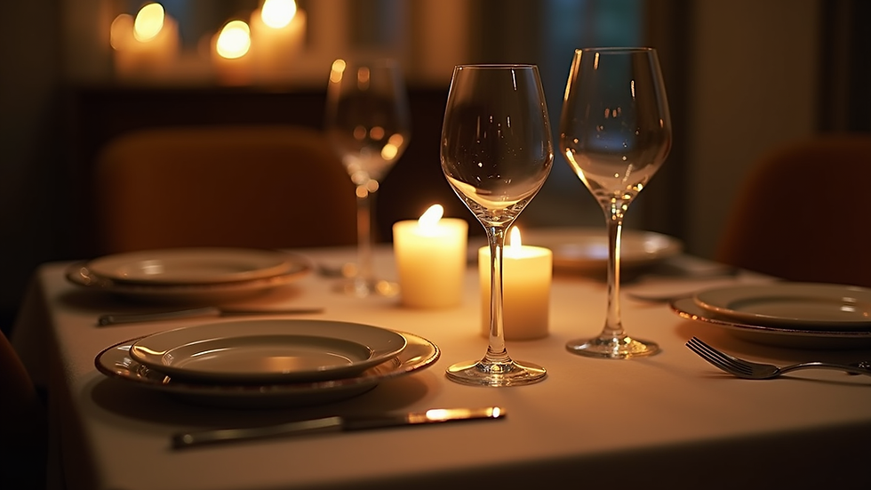 Close-up view of a candlelit dinner table set for two