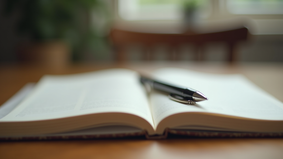 Close-up view of a journal and pen on a wooden table, symbolizing personal reflection and growth