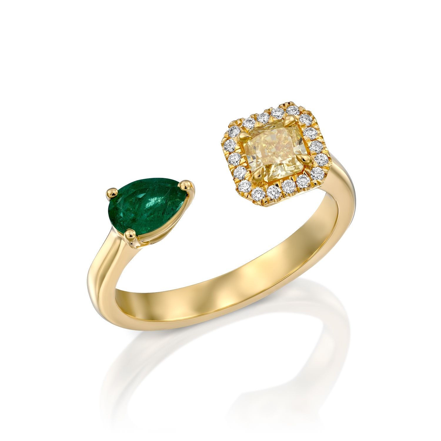 FANCY YELLOW CUSHION DIAMOND & EMERALD OPEN RING