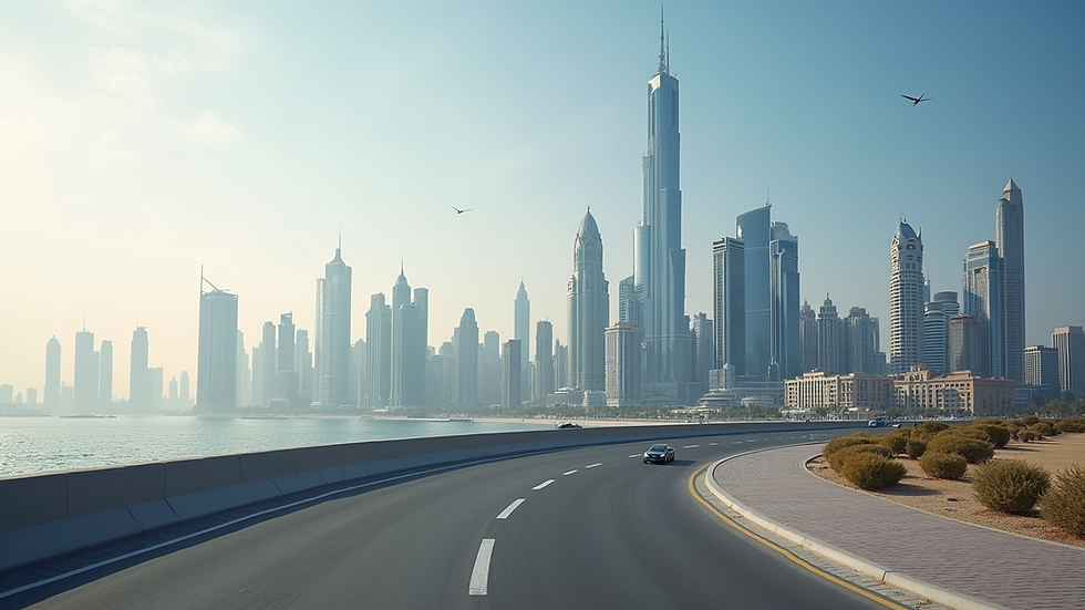 Wide angle view of Dubai's skyline with modern architecture