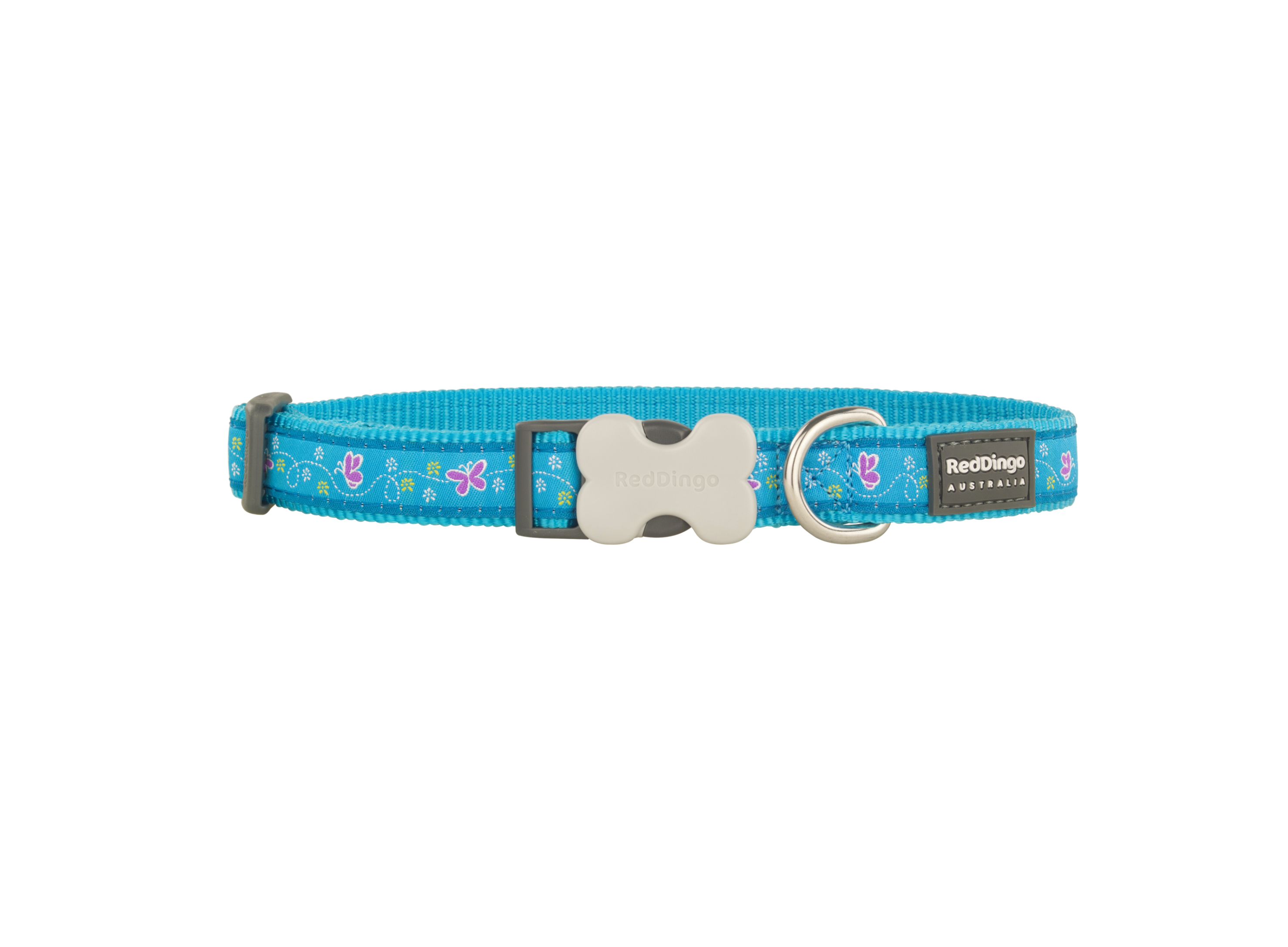 red dingo adjustable dog collar in turquoise blue colour with butterfly print
