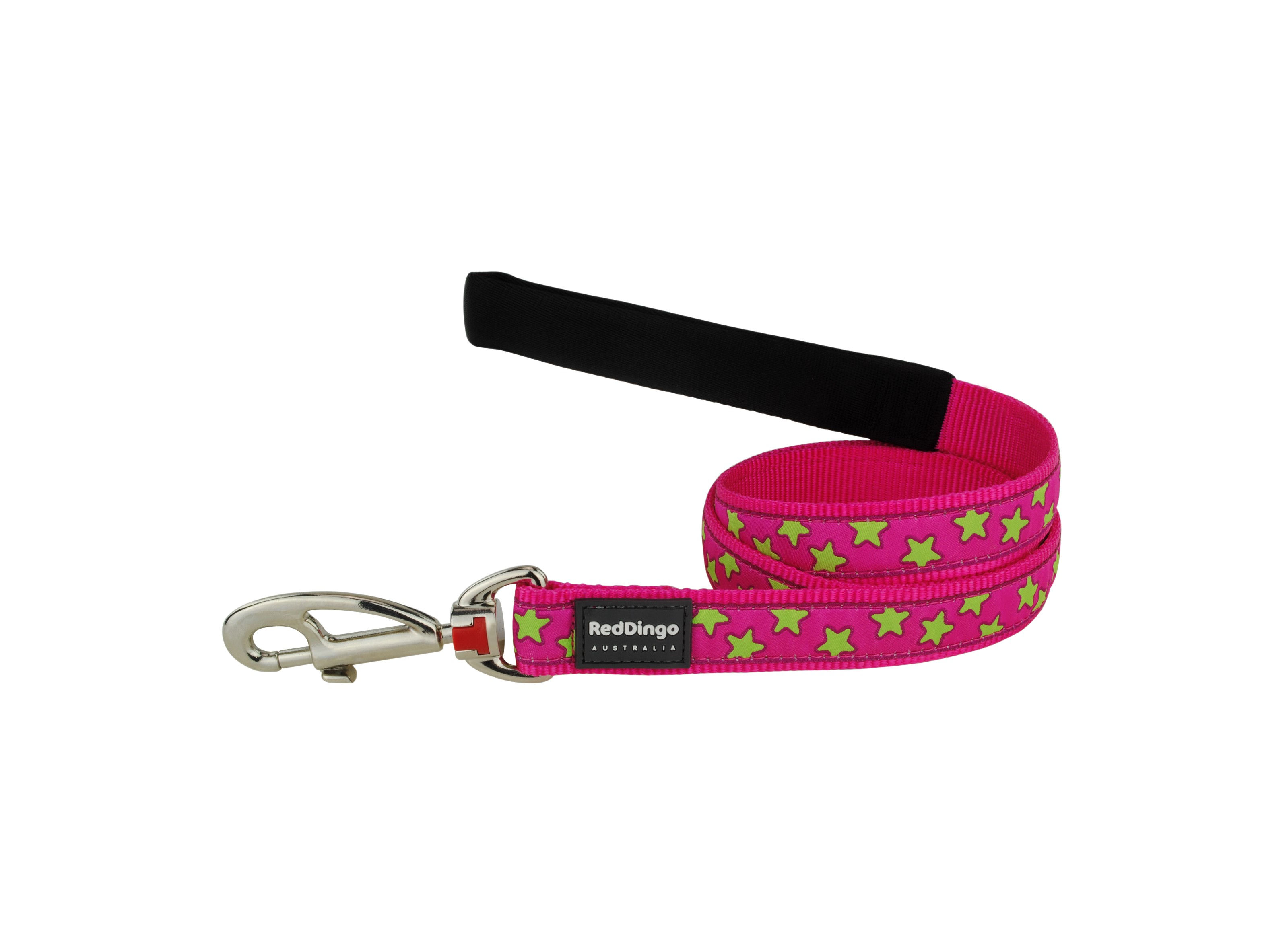 red dingo standard dog lead with padded handle and quick release clip in hot pink with lime green stars print