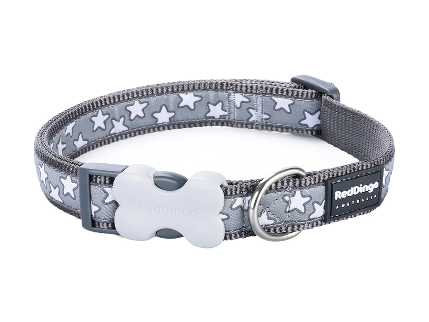 Red Dingo Adjustable Dog Collar in Grey and white Stars print and available in three sizes.