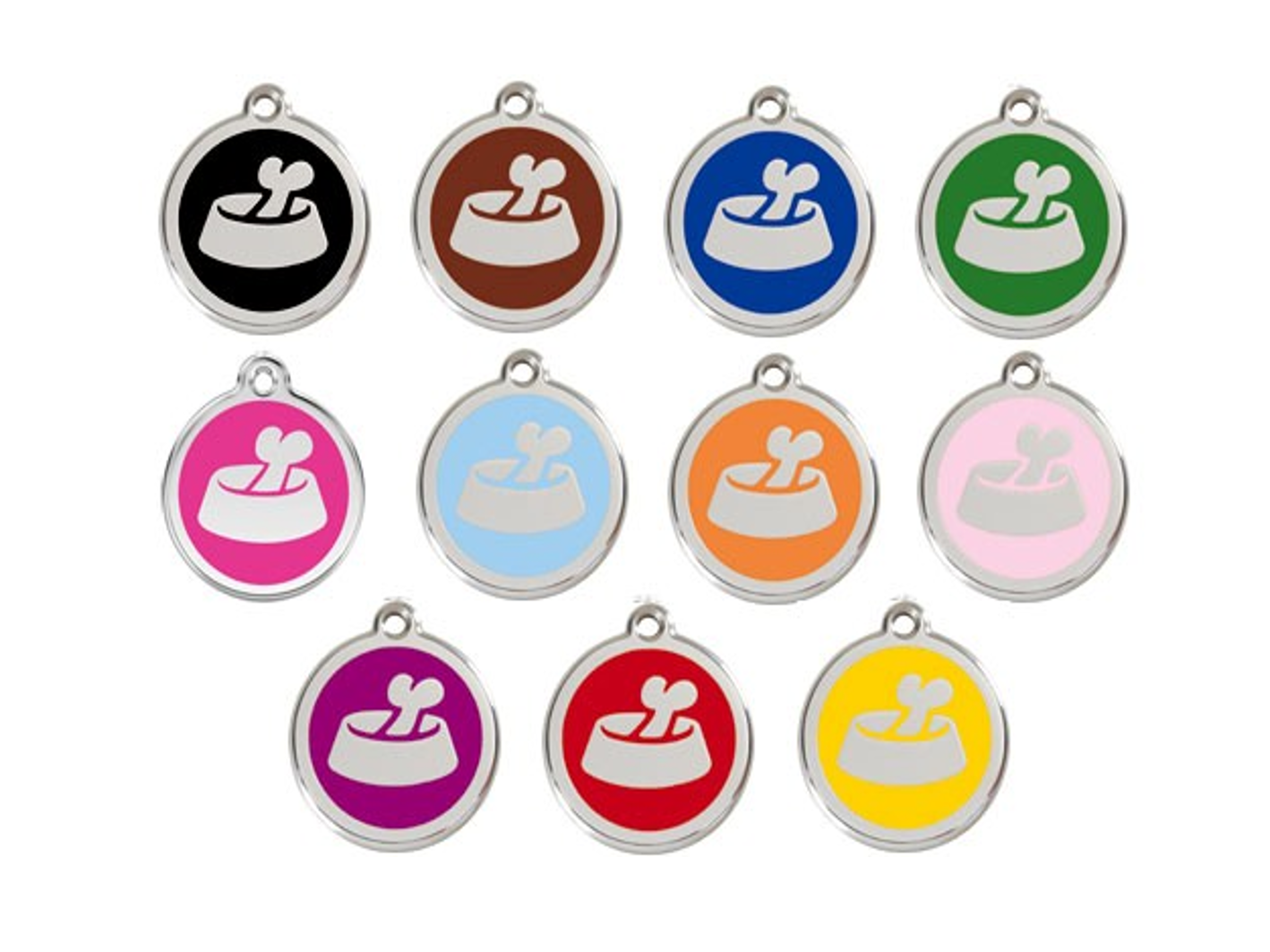 Red Dingo Round Dog ID Tag made from Stainless Steel/Enamel in Bone Bowl print and various colours