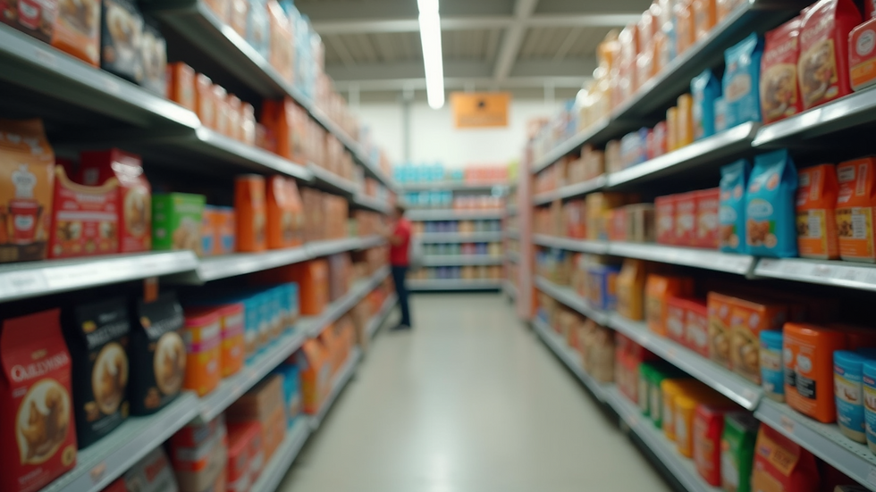 Eye-level view of a pet supply store aisle filled with dog food