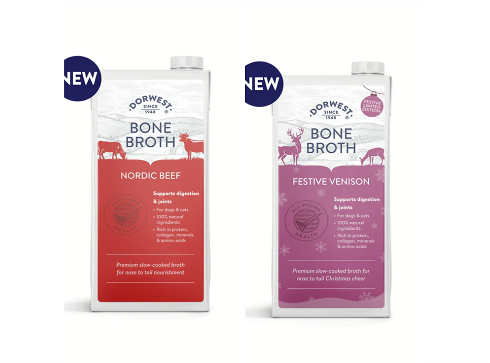 Dorwest Bone Broth for Dogs in Nordic Beef and Festive Venison flavour, 100% natural, supports digestion and wellness