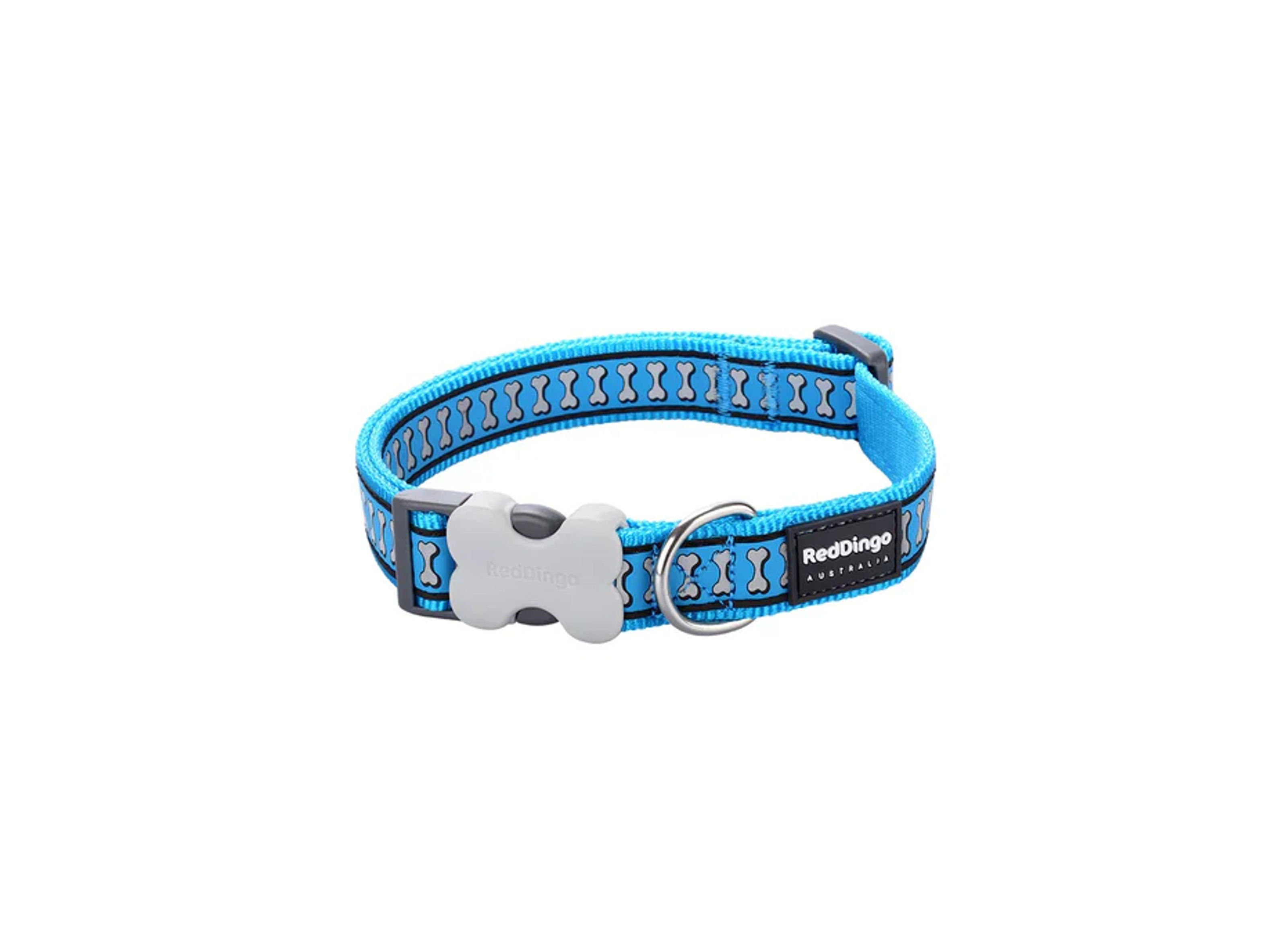 red dingo adjustable dog collar puppy collar in turquoise blue with reflective bones patter