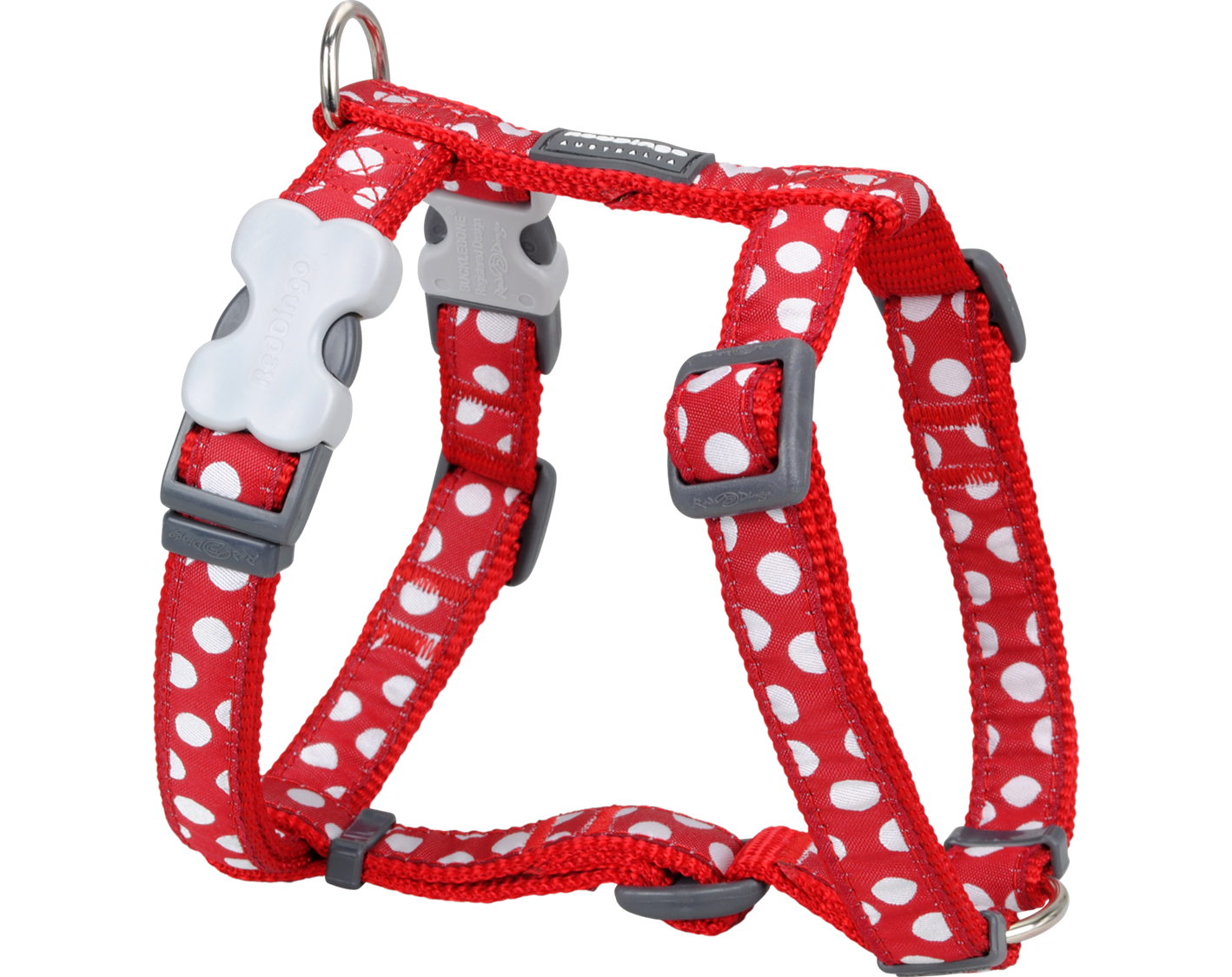 Red Dingo Adjustable Dog Harness in Red with White Spots print with bucklebone handle and available in four sizes.