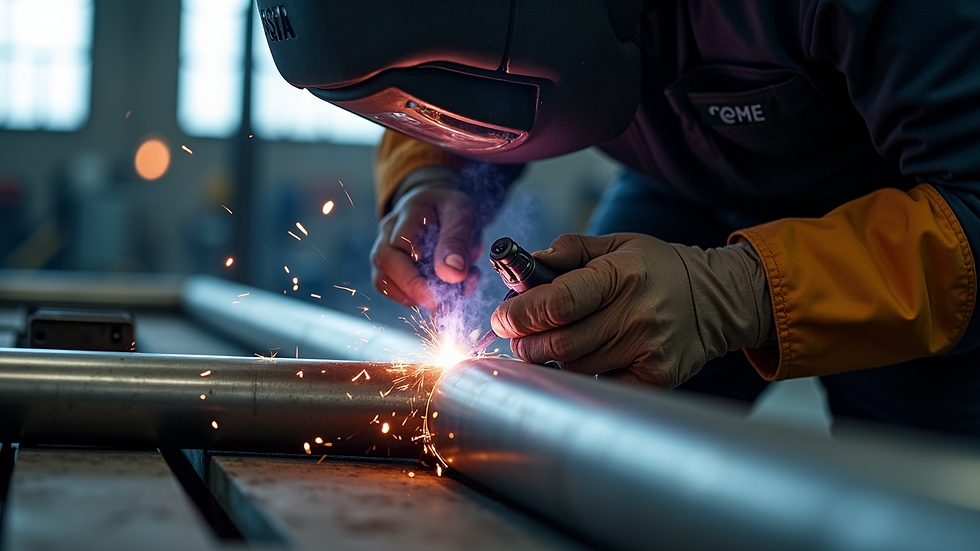 Close-up view of a welder performing TIG welding on a metal pipe