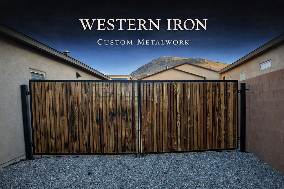 Close-up view of a metal slide gate on a driveway with a track system