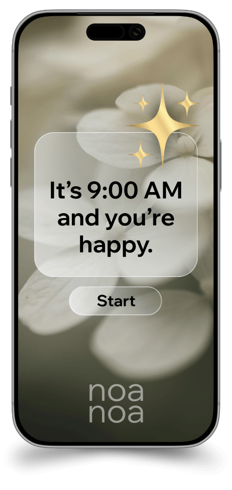 Notification on smartphone screen: "It's 9:00 AM and you're happy."