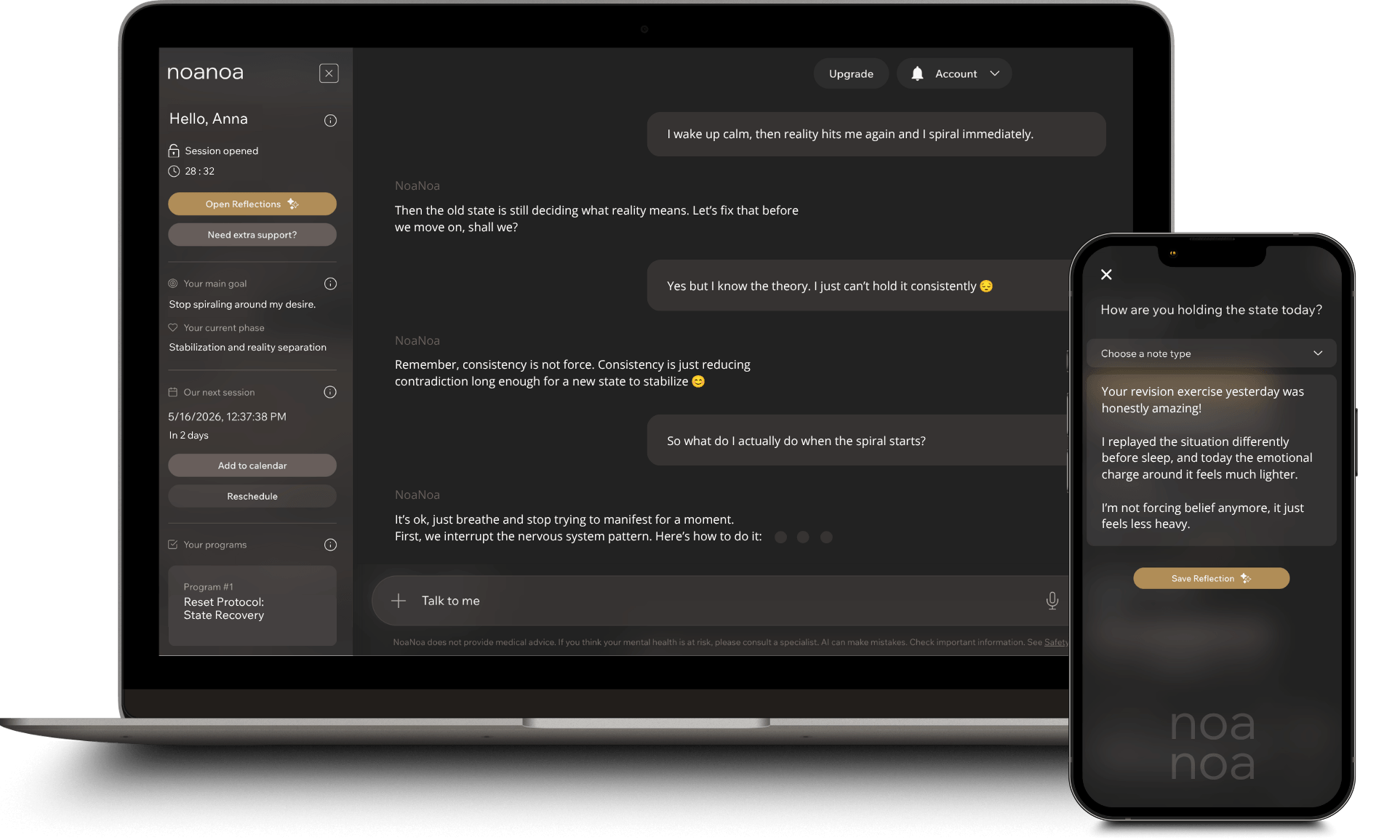 User interface of NoaNoa AI-Powered Private Manifestation Coach