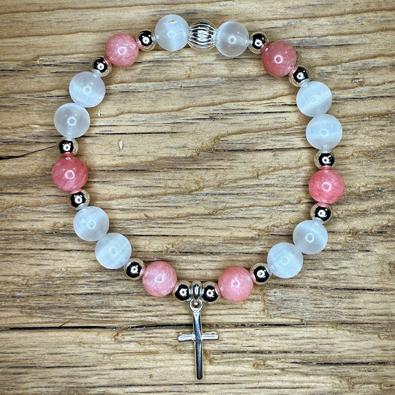 Miniaturbild: Edelstein Armband (Selenit, Rosa Turmalin, Silber, Kreuz)