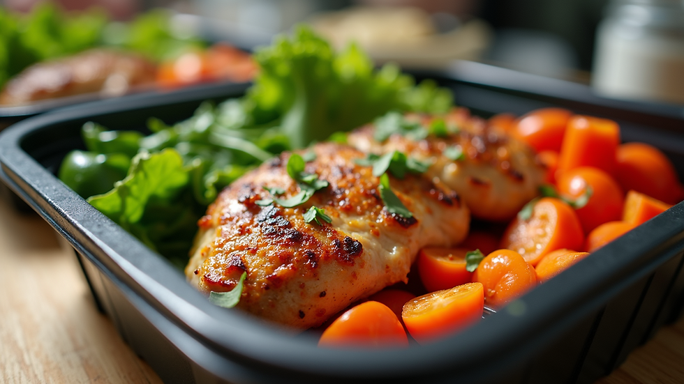 High angle view of a meal prep container with colourful vegetables and grilled chicken