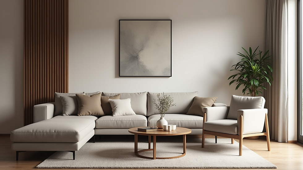 Eye-level view of a compact living room with multifunctional furniture