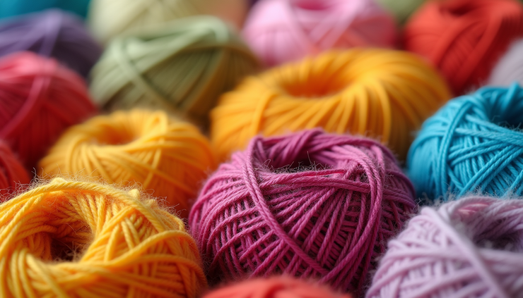 Close-up view of colorful yarn balls arranged neatly for knitting