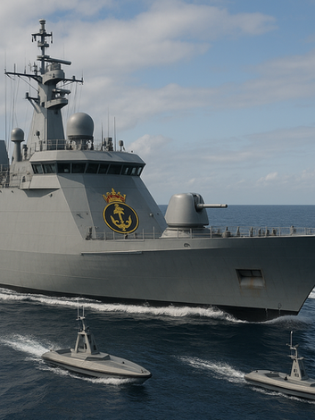 A Royal New Zealand Navy Ship is escorted by a fleet of Unmanned Surface Vessels (USV) providing intelligence, surveillance and reconissance to a large maritime zone, effectively expanding a single ships reach and command picture