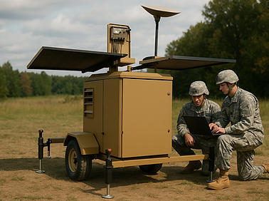 EDGE Defence rapid deployable hybrid communications systems is energised by two NZ Army personnel in a remote location