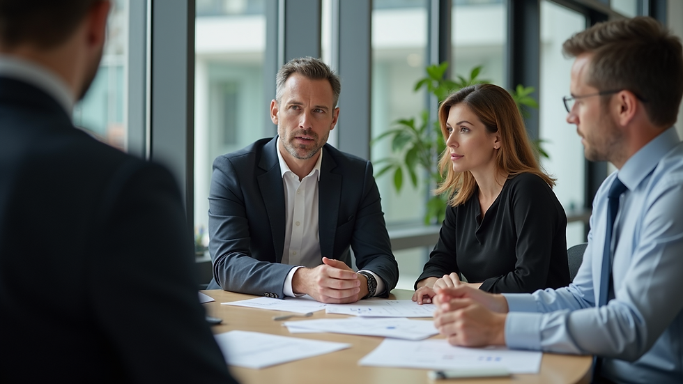 Eye-level view of a business advisor discussing strategies with a Kiwi company team