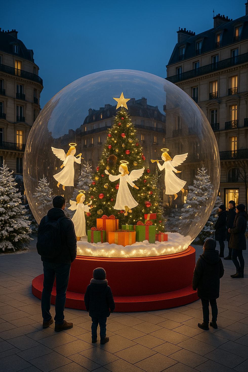 decoration de noel ville et village espace public decomoove resine automate bulle vitribulle chalet kiosque bois sapin scénographie scène saynète animalier gourmand hivernale banquise blanc luineux