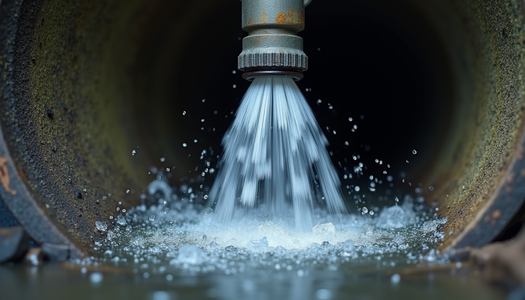 Close-up view of hydro jetting nozzle spraying high-pressure water inside a sewer pipe