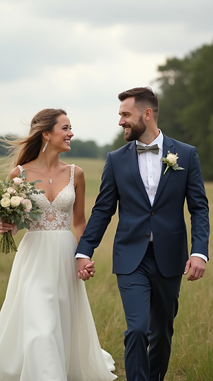 A bride and groom joyfully celebrating on their wedding day, looking relaxed and at ease..
